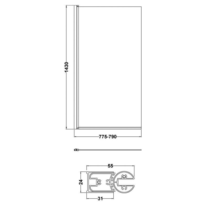 Satin Black "Pacific" Square Top Designer Bath Screen 790mm(w) x 1435mm(h) - 6mm Glass - Technical Drawing