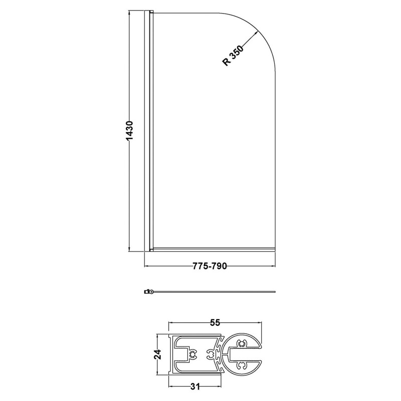 Satin Black "Pacific" Round Top Designer Bath Screen 790mm(w) x 1435mm(h) - 6mm Glass - Technical Drawing