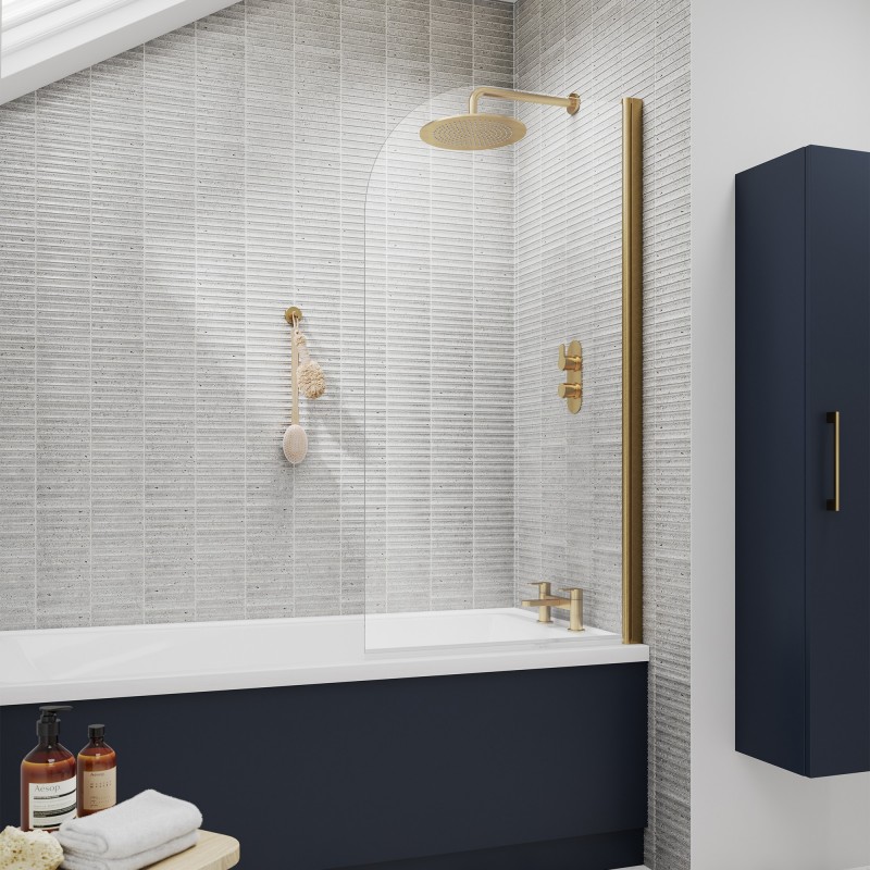 Brushed Brass Sail Bath Screen 830mm x 1430mm - Insitu