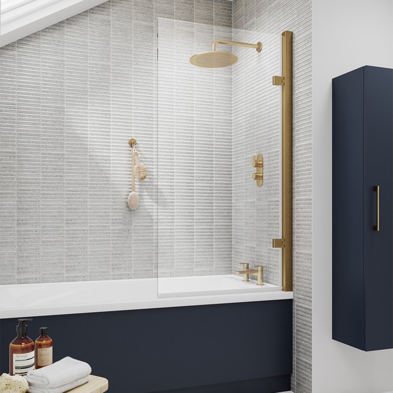 Brushed Brass Square Hinged Bath Screen 830 x 1520mm - Insitu