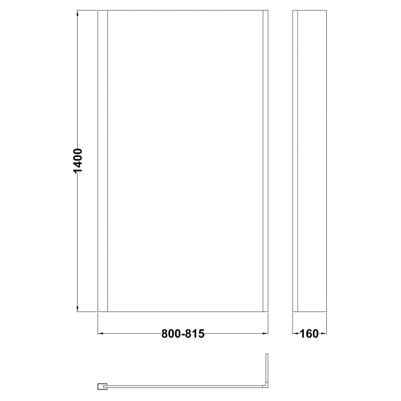 Pacific Brushed Brass Framed Square Bath Screen with Fixed Return Panel 1400mm H x 800mm W - 6mm Glass - Technical Drawing