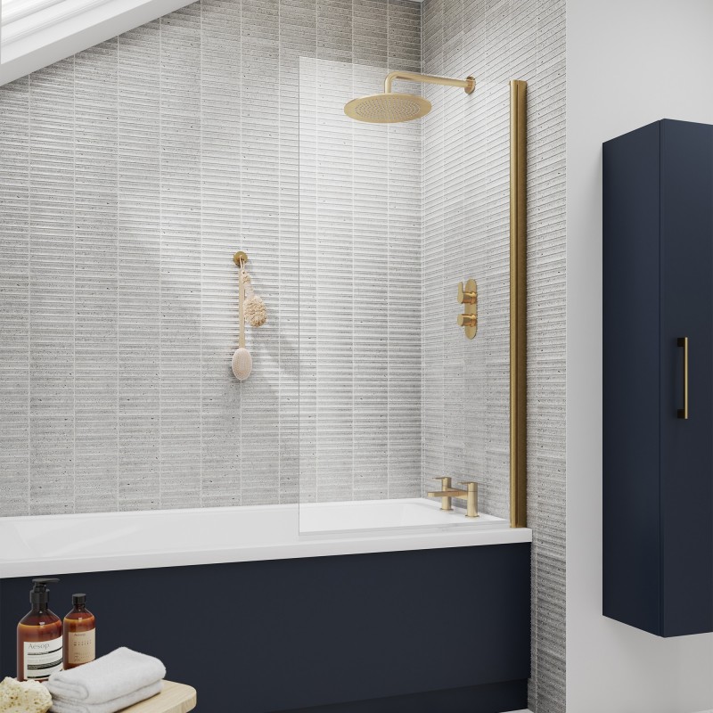 Pacific Square 6mm Toughened Safety Glass Shower Bath Screen - Brushed Brass - Insitu