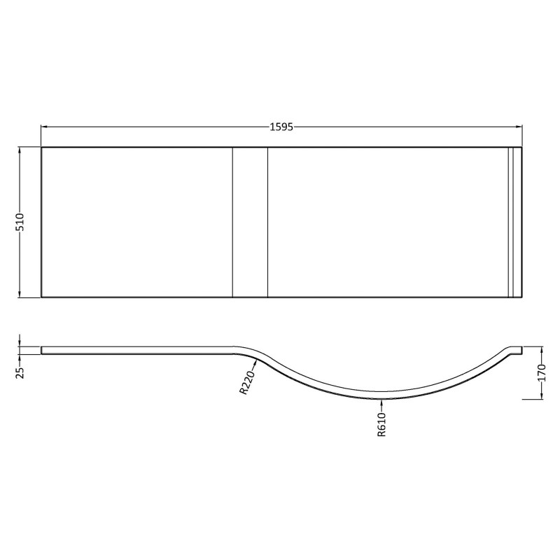 P-Shape Shower Bath Front Panel 1600mm - White - Technical Drawing