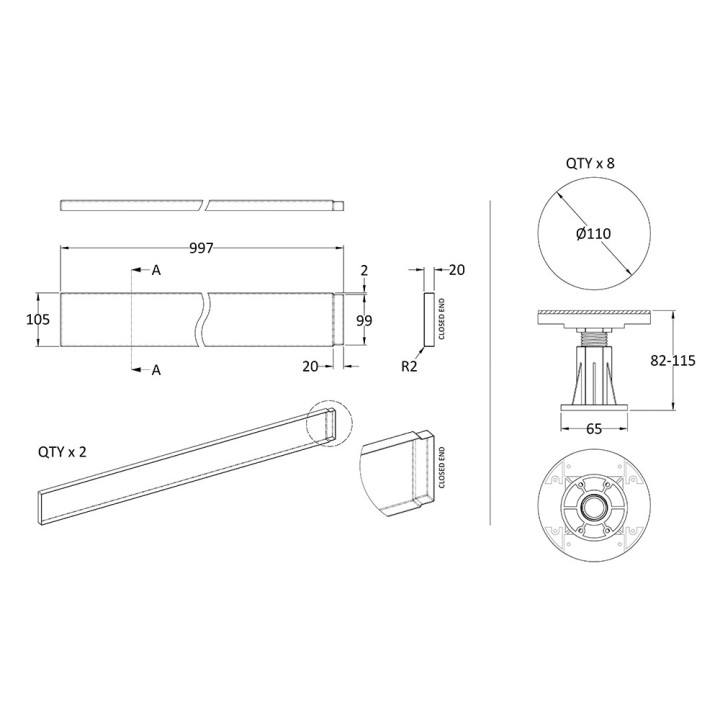 Gloss White Set Suitable for 1000 Square & Rectangular Trays - Technical Drawing