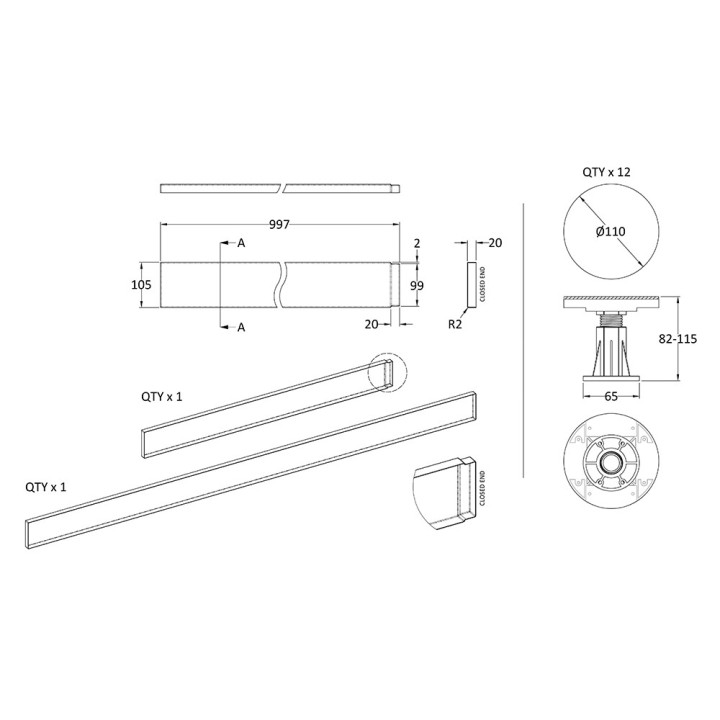 Gloss White Leg Set Suitable for 1300-1800 Rectangular & Walk in Trays - Technical Drawing