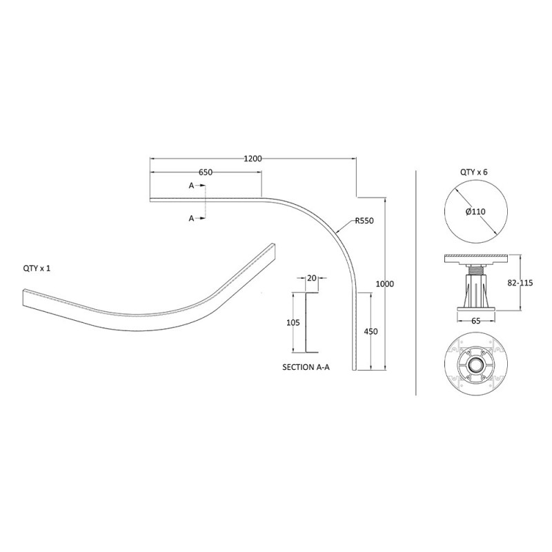 Gloss White Leg Set Suitable for 700-900 Quad & Offset Trays - Technical Drawing