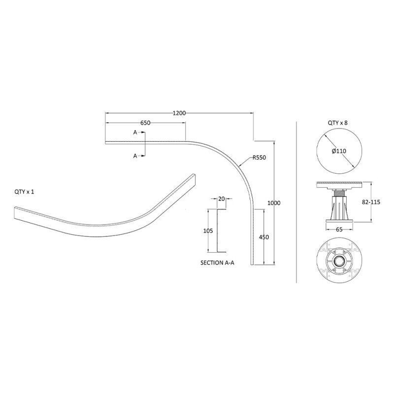 Gloss White Leg Set Suitable for 1000-1200 Quad & Offset Trays - Technical Drawing