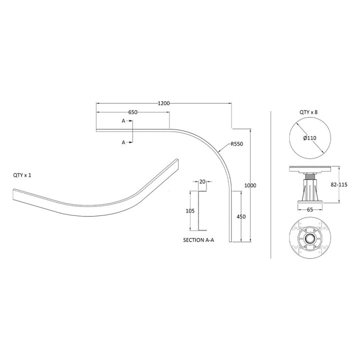 Gloss White Leg Set Suitable for 1000-1200 Quad & Offset Trays - Technical Drawing