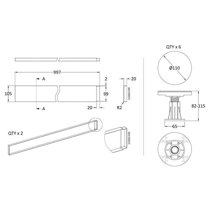 Slate Grey Set Suitable for 700-900 Square & Rectangular Trays - Technical Drawing