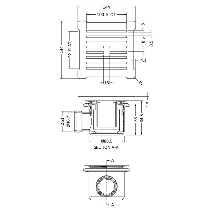 Square Shower Waste White Top - Technical Drawing