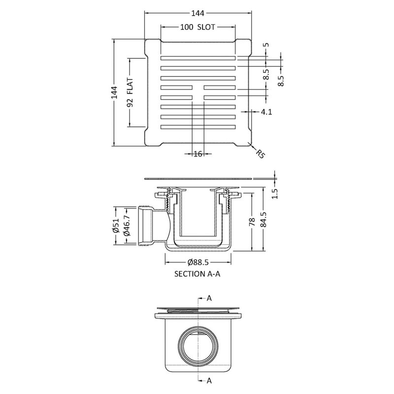 Square Shower Waste Chrome Top with Black Waste - Technical Drawing