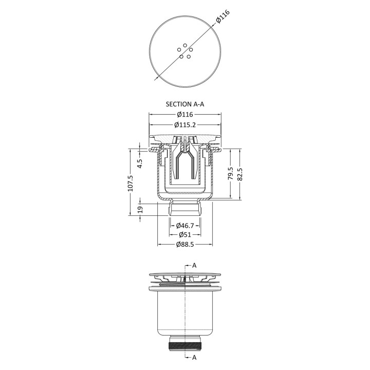 Straight Shower Tray Waste - Chrome - Technical Drawing