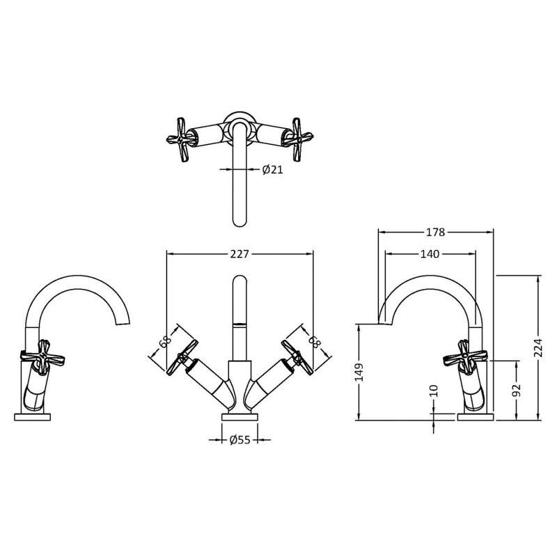 Aztec Deck Mount Mono Basin Mixer Tap with Push Button Waste - Chrome - Technical Drawing