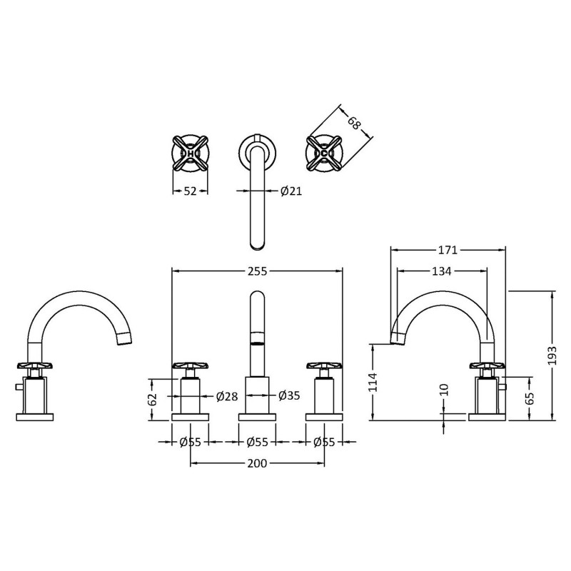 Aztec Deck Mount 3 Tap Hole Basin Mixer - Chrome - Technical Drawing