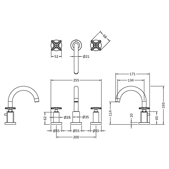 Aztec Deck Mount 3 Tap Hole Basin Mixer - Chrome - Technical Drawing