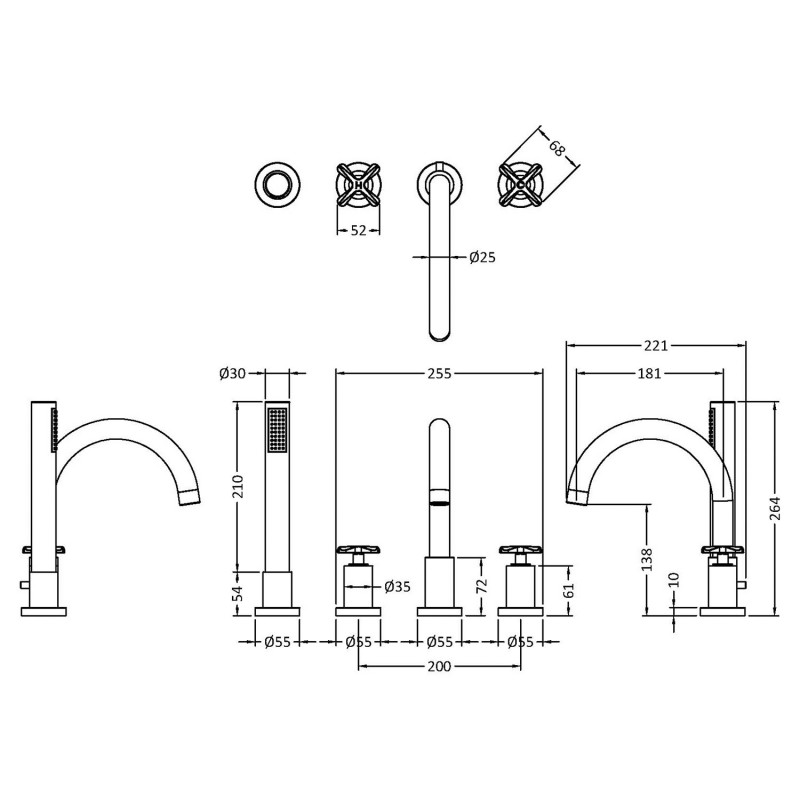 Aztec Deck Mount 4 Tap Hole Bath Mixer with Kit - Chrome - Technical Drawing