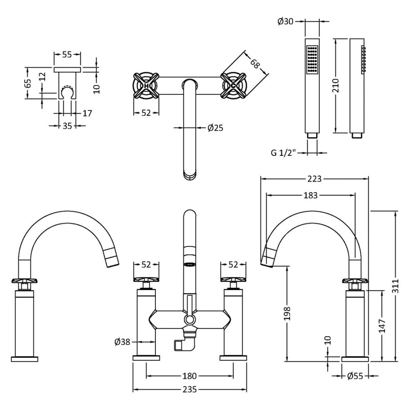 Aztec Deck Mount Bath Shower Mixer with Kit - Chrome - Technical Drawing