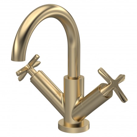 Aztec Deck Mount Mono Basin Mixer Tap with Push Button Waste - Brushed Brass