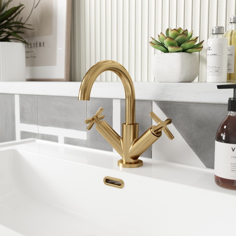 Aztec Deck Mount Mono Basin Mixer Tap with Push Button Waste - Brushed Brass - Insitu