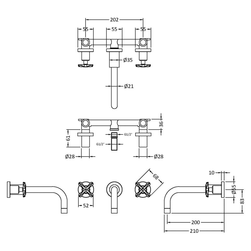 Aztec Wall Mount 3 Tap Hole Basin Mixer - Brushed Brass - Technical Drawing