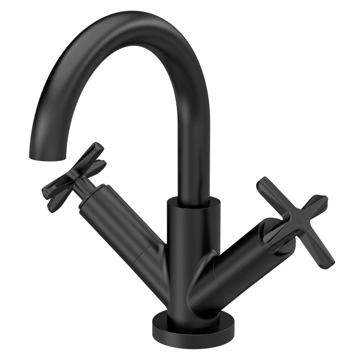 Aztec Deck Mount Mono Basin Mixer Tap with Push Button Waste - Matt Black