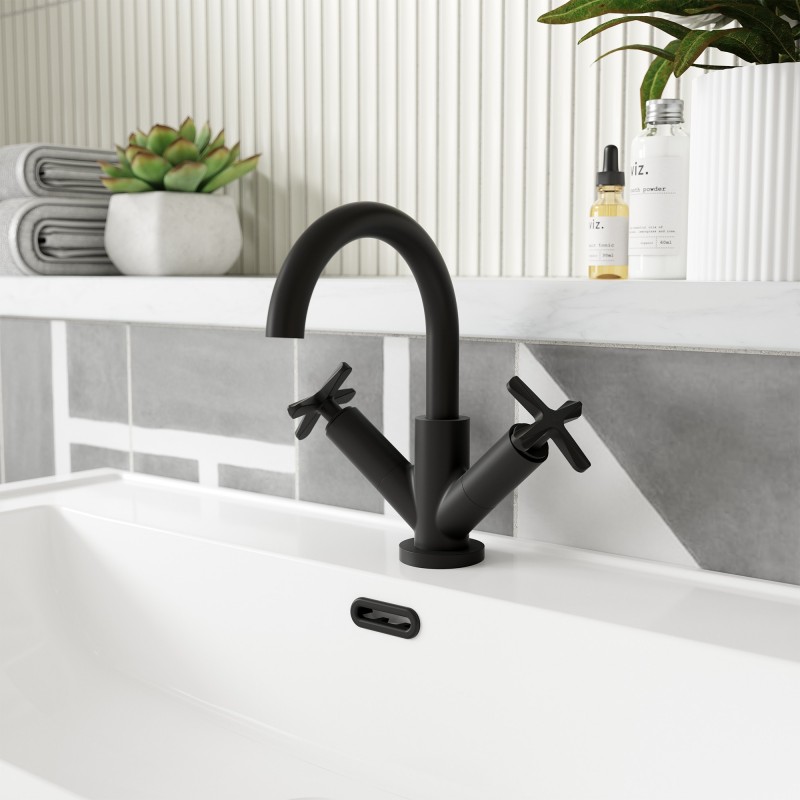 Aztec Deck Mount Mono Basin Mixer Tap with Push Button Waste - Matt Black - Insitu