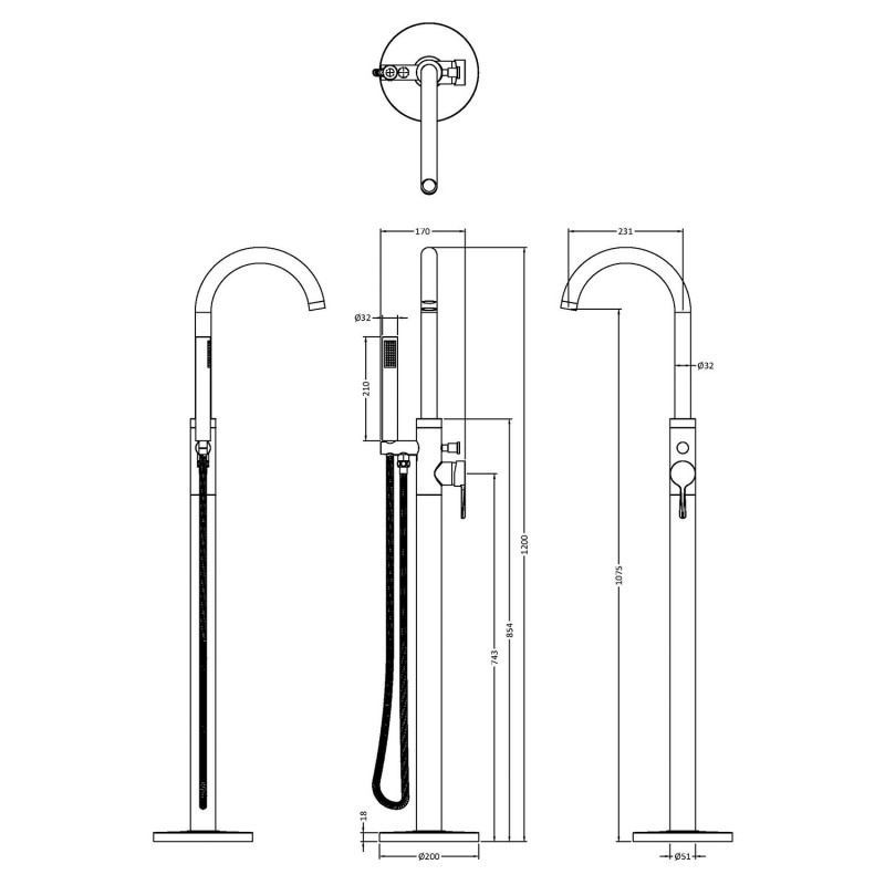 Aztec Freestanding Bath Shower Mixer with Kit - Matt Black - Technical Drawing