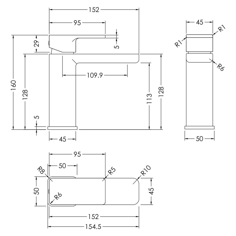 Windon Chrome Mono Basin Mixer (Includes Push Button Waste) - Technical Drawing