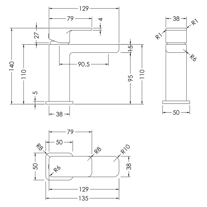 Windon Chrome Mini Basin Mixer (Includes Push Button Waste) - Technical Drawing