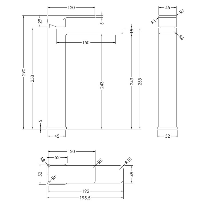 Windon Chrome High-Rise Mono Basin Mixer - Technical Drawing