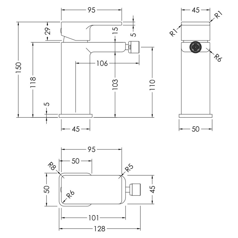 Windon Chrome Mono Bidet Mixer (Includes Pop-up Waste) - Technical Drawing