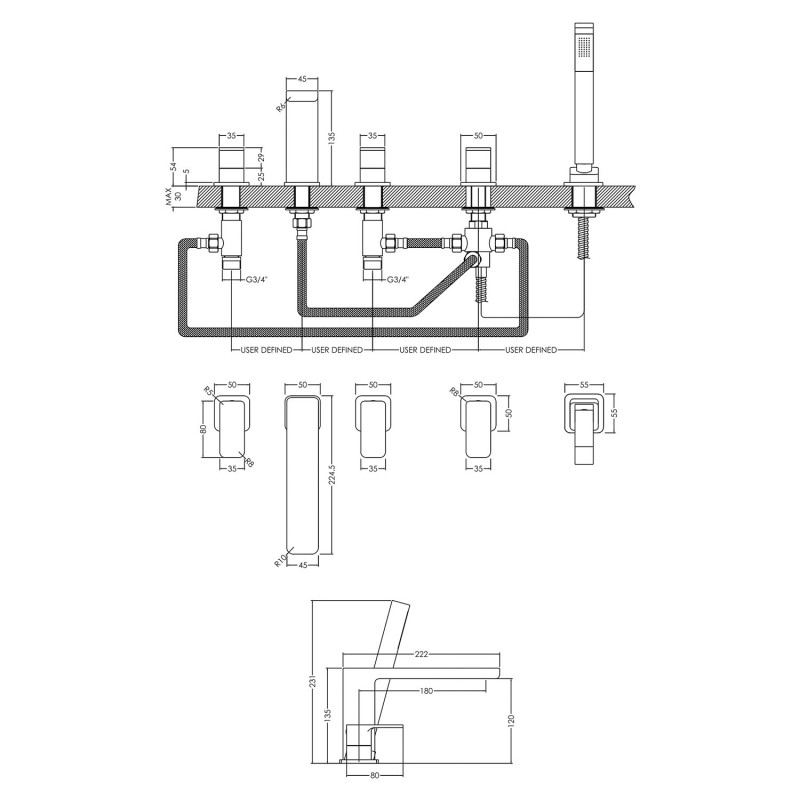 Windon Deck Mounted 5 Tap Hole Bath Shower Mixer - Technical Drawing