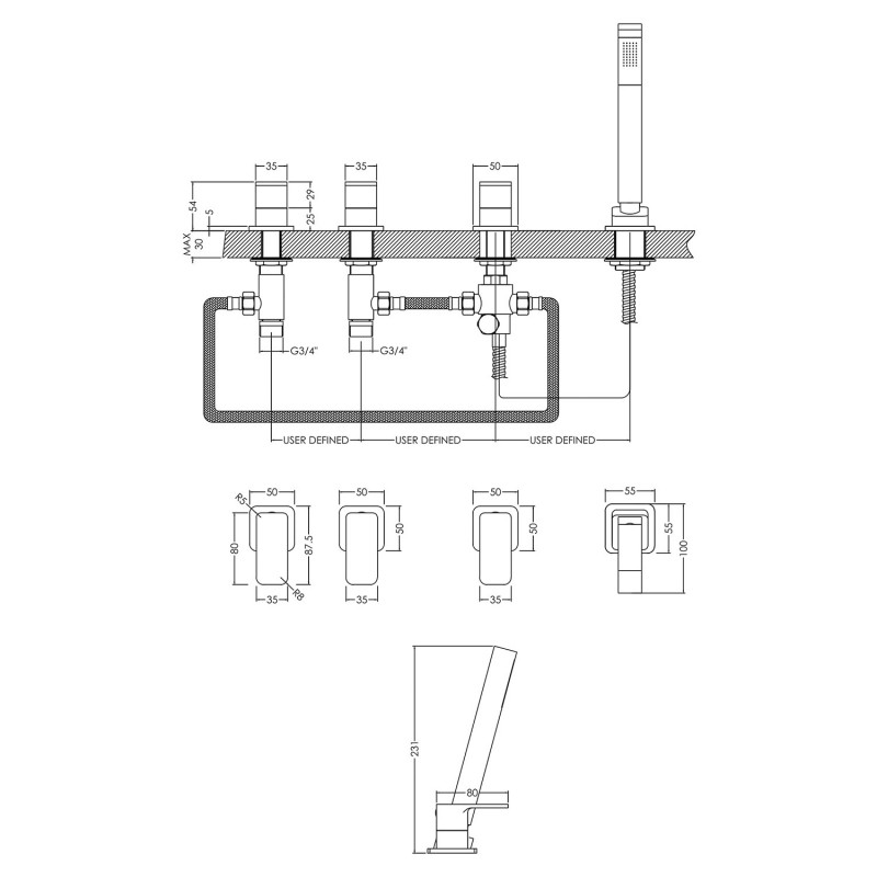 Windon Deck Mounted 4 Tap Hole Bath Shower Mixer No Spout - Technical Drawing