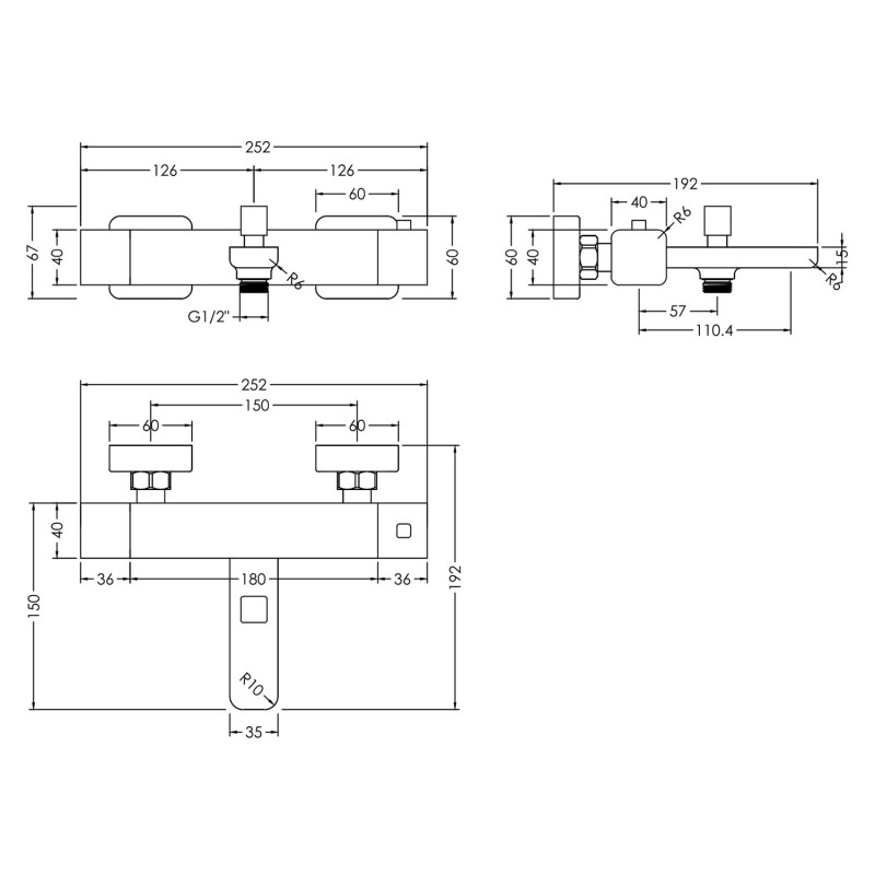 Windon Wall Mounted Thermostatic Bath Shower Mixer - Technical Drawing