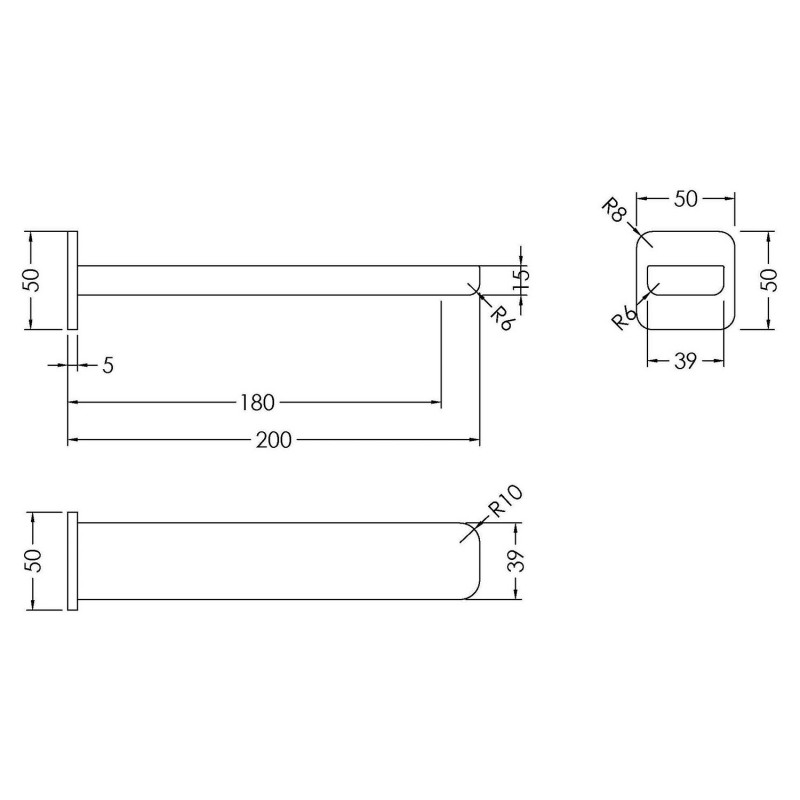 Windon Bath Spout - 200mm (d) x 50mm (w) x 50mm (h) - Technical Drawing