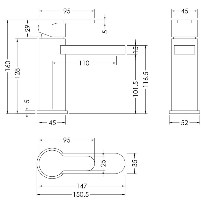 Arvan Chrome Mono Basin Mixer With Push Button Waste - Technical Drawing