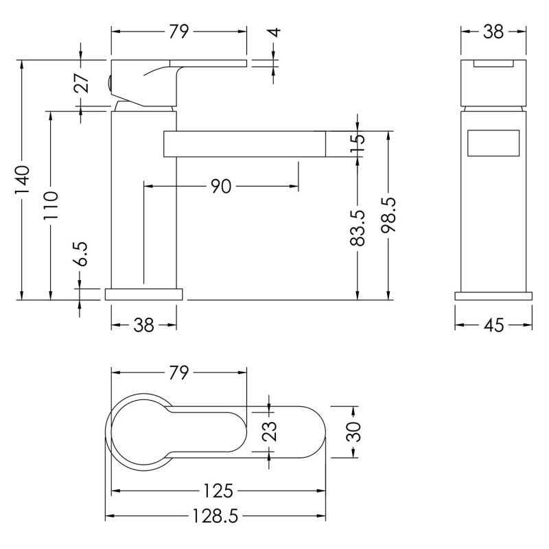 Arvan Chrome Mini Basin Mixer With Push Button Waste - Technical Drawing