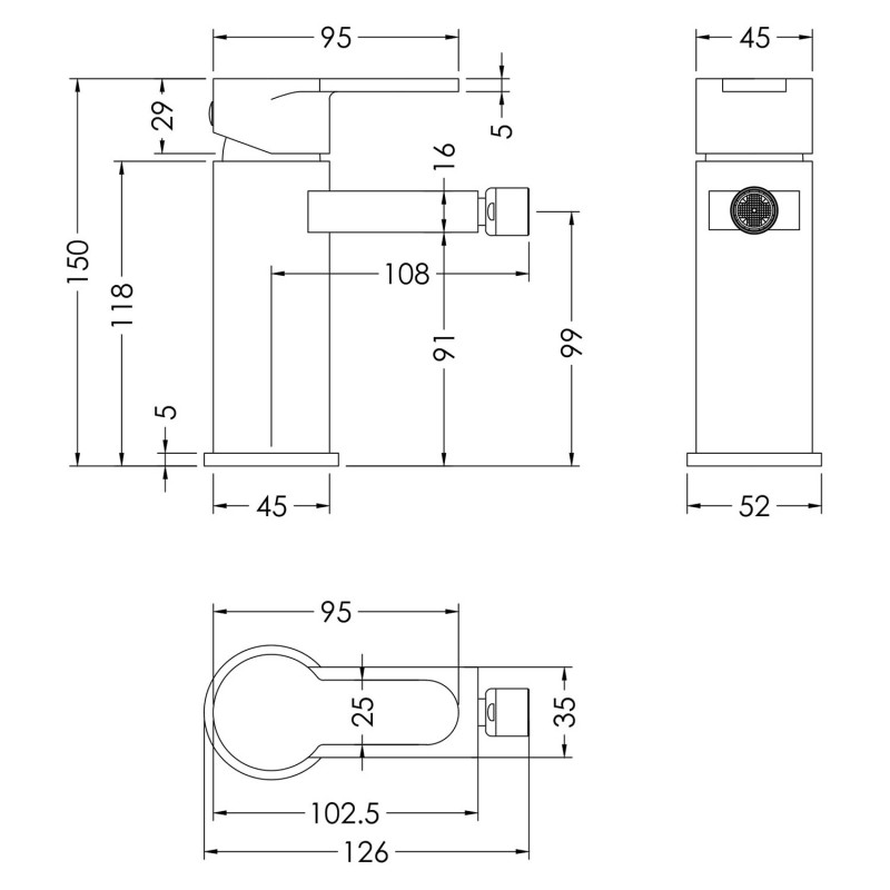 Arvan Chrome Mono Bidet Mixer With Pop-up Waste - Technical Drawing