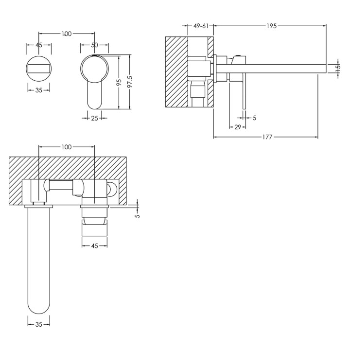 Arvan Chrome Wall Mounted 2 Tap Hole Basin Mixer - Technical Drawing