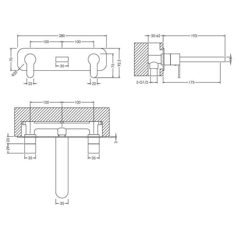 Arvan Chrome Wall Mounted 3 Tap Hole Basin Mixer With Wall Plate - Technical Drawing