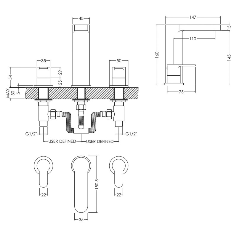 Arvan Chrome Deck Mounted 3 Tap Hole Basin Mixer With Pop Up Waste - Technical Drawing