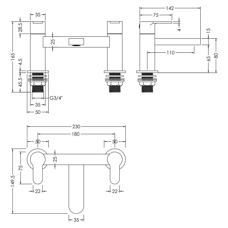 Arvan Chrome Twin Flat Lever Deck Mounted Bath Filler - Technical Drawing