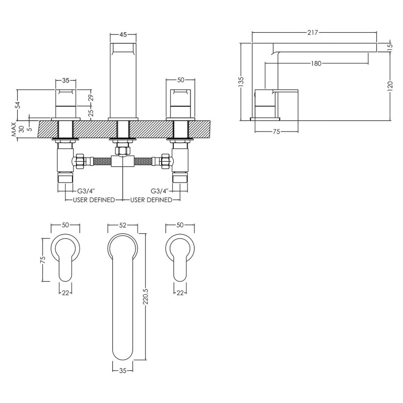 Arvan Chrome Deck Mounted 3 Tap Hole Bath Filler - Technical Drawing