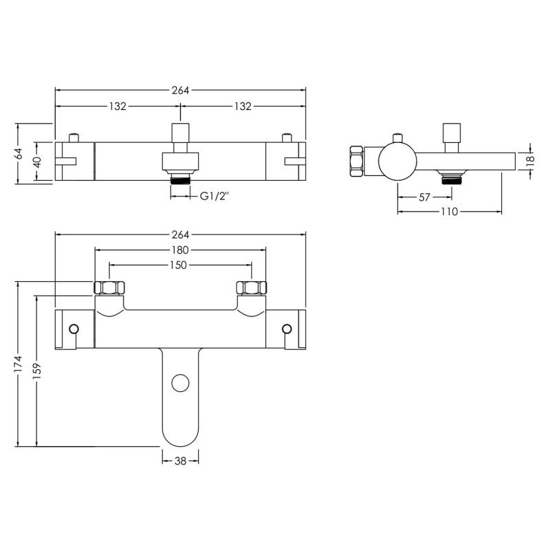 Arvan Chrome Wall Mounted Thermostatic Bath Shower Mixer - Technical Drawing