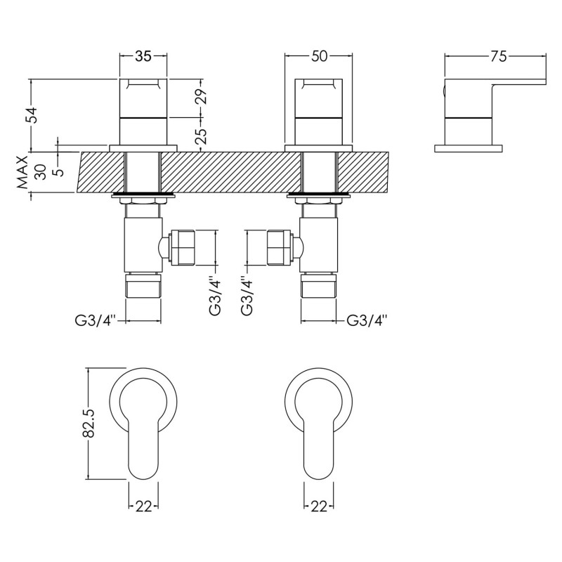 Arvan Chrome 3/4 Side Valves - Technical Drawing