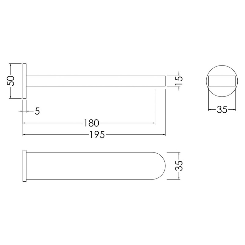 Arvan Chrome Bath Spout - 205mm (d) x 45mm (w) x 45mm (h) - Technical Drawing