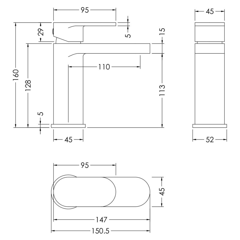 Binsey Chrome Mono Basin Mixer (Includes Push Button Waste) - Technical Drawing