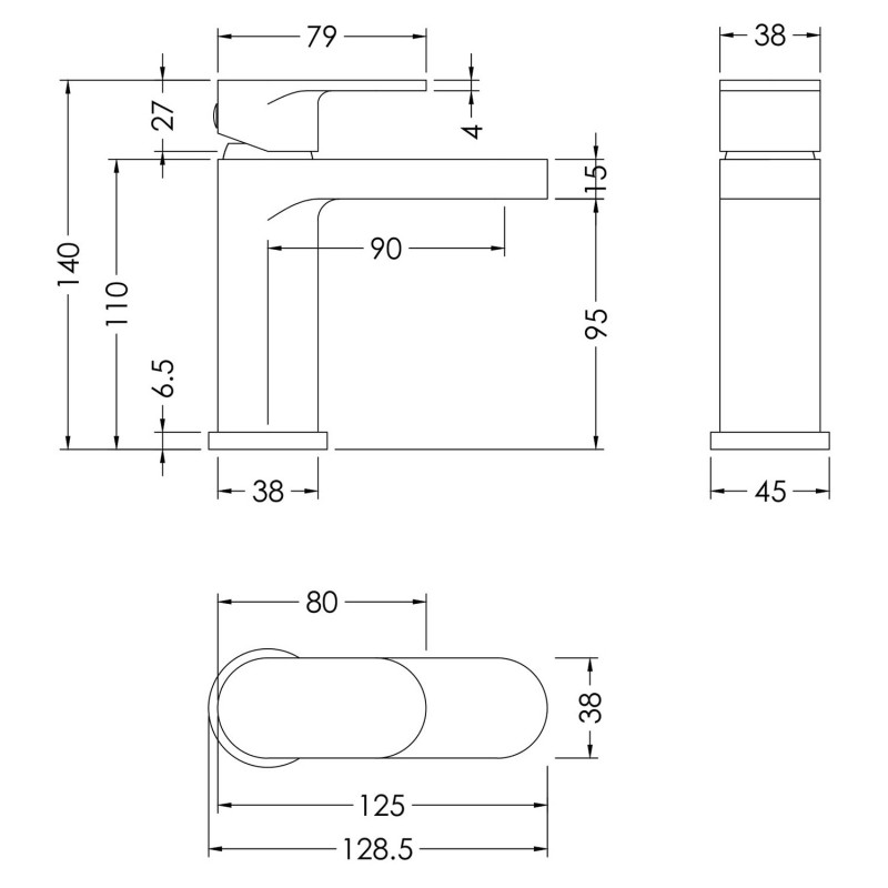 Binsey Mini Basin Mixer With Push Button Waste - Technical Drawing