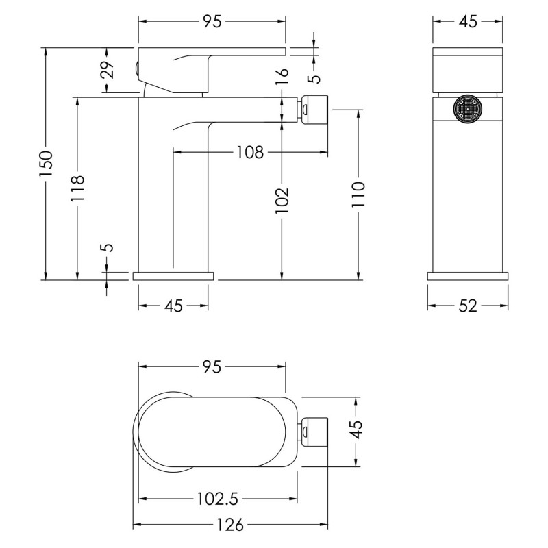 Binsey Mono Bidet Mixer With Pop-up Waste - Technical Drawing