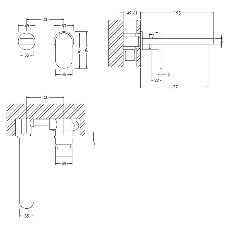 Binsey Wall Mounted 2 Tap Hole Basin Mixer - Technical Drawing